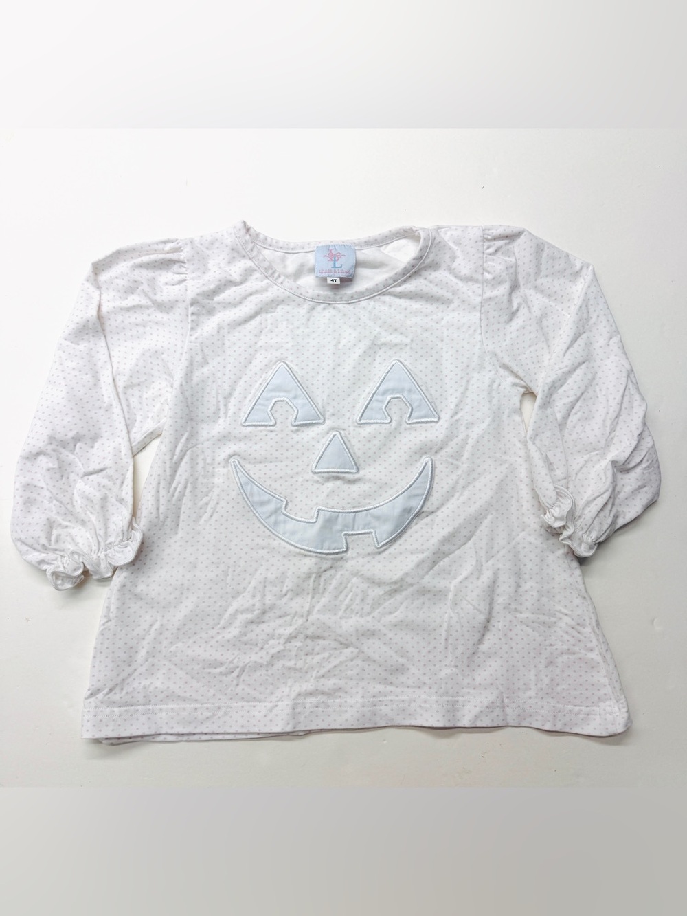 Lillie and Lilah Children's White Pumpkin Face Pink Polka Dot Top - Long Sleeve